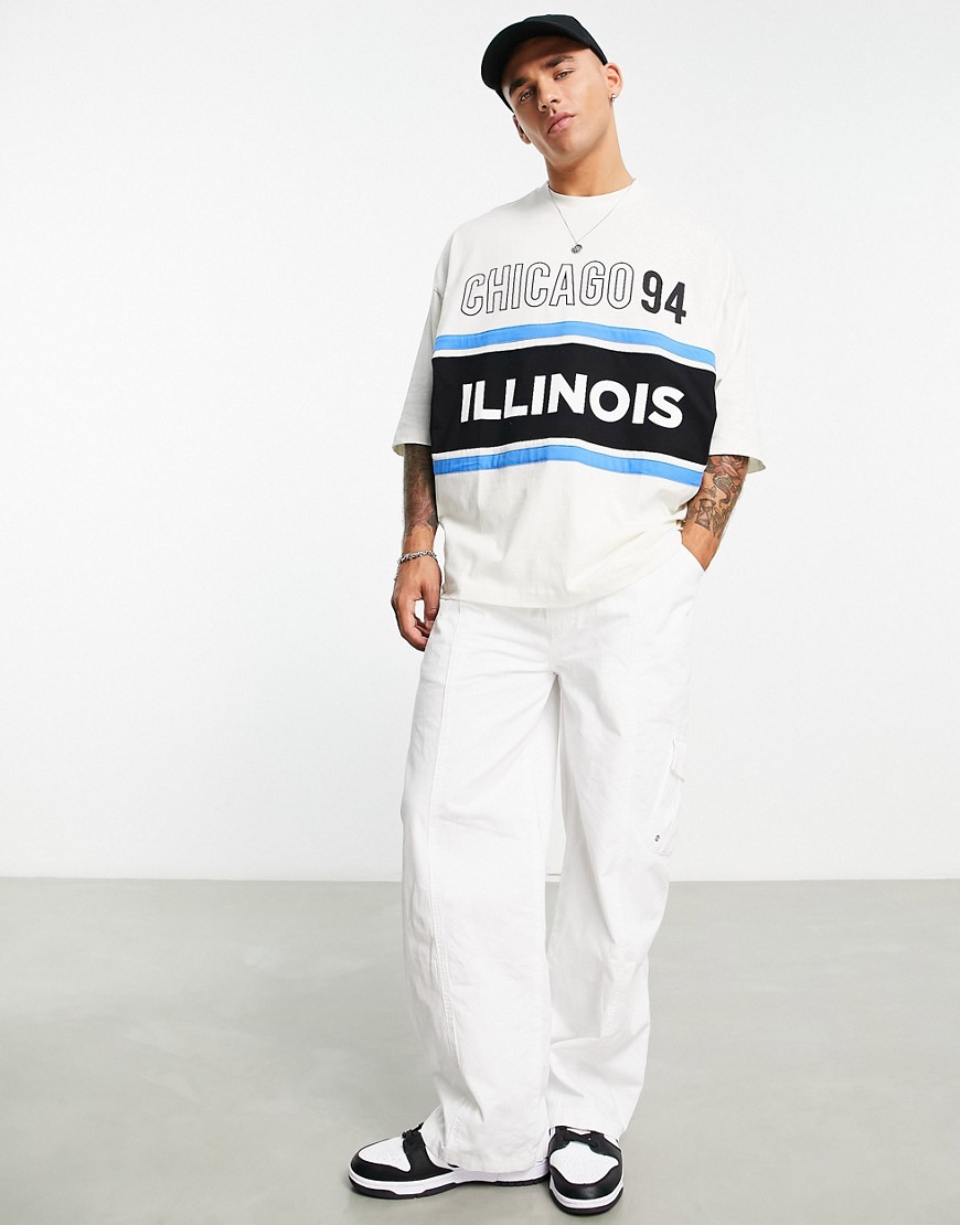 ASOS DESIGN oversized T-shirt in off white color block with Chicago city print