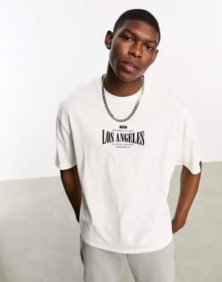 ASOS Design Oversized Baseball T-Shirt in Ecru with City Text Graphics-White