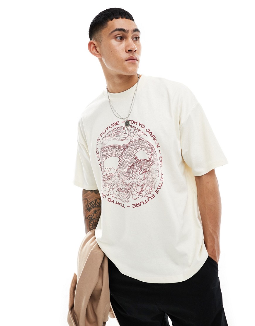 ASOS DESIGN oversized t-shirt in off white with dragon souvenir front print-Neutral