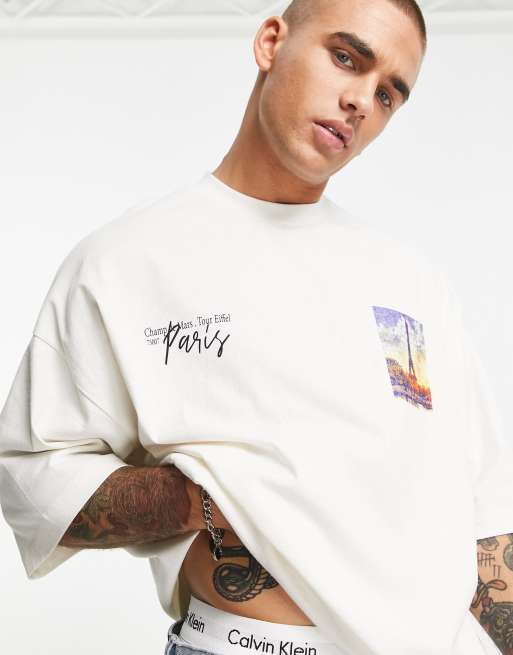 ASOS Design Oversized Baseball T-Shirt in Ecru with City Text Graphics-White