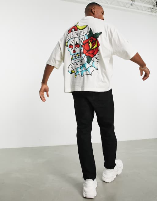 ASOS DESIGN oversized T shirt in off white with tattoo skull back