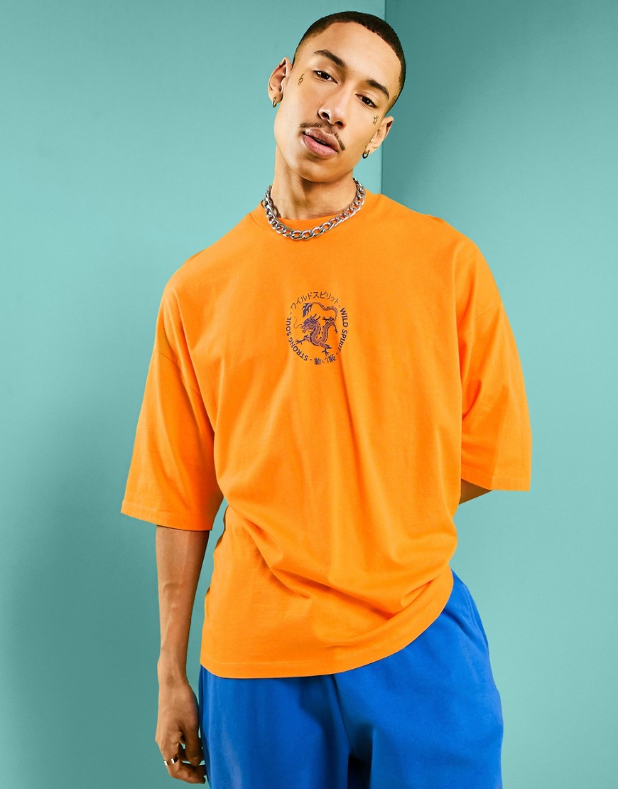 ASOS DESIGN oversized t-shirt in orange with front dragon print