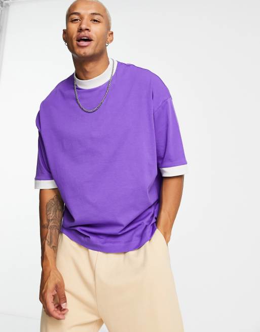 ASOS DESIGN - Oversized T-shirt in paars met contrasterende bies aan de boord in grijs