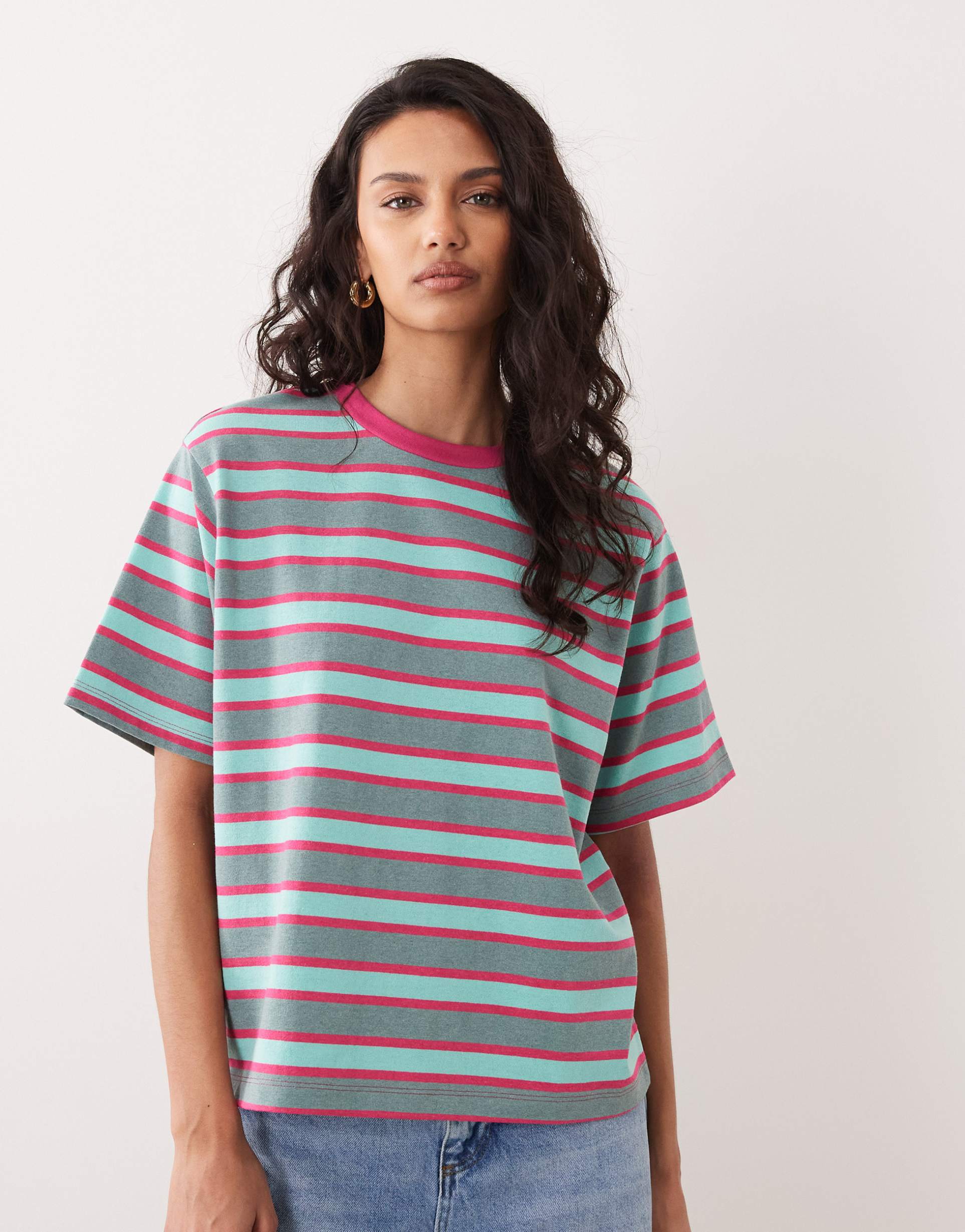 asos design oversized t-shirt in pink and gray stripe