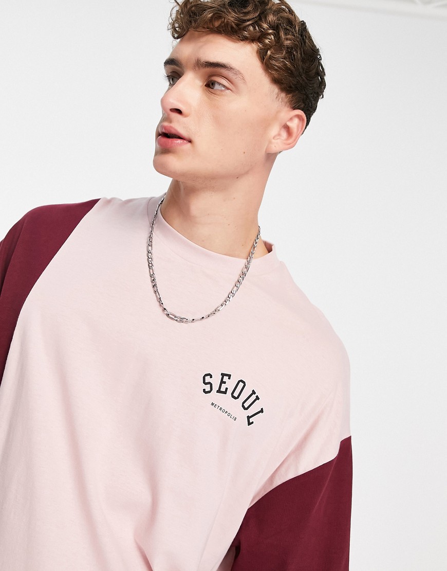 ASOS DESIGN oversized t-shirt in pink color block with Seoul city print