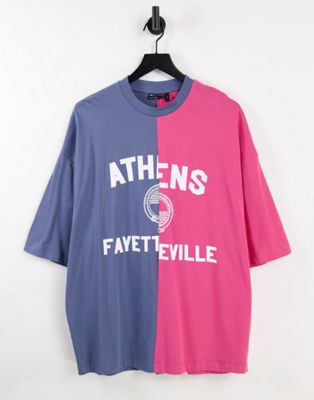 ASOS DESIGN oversized t-shirt in pink & purple colour block with Athens city print