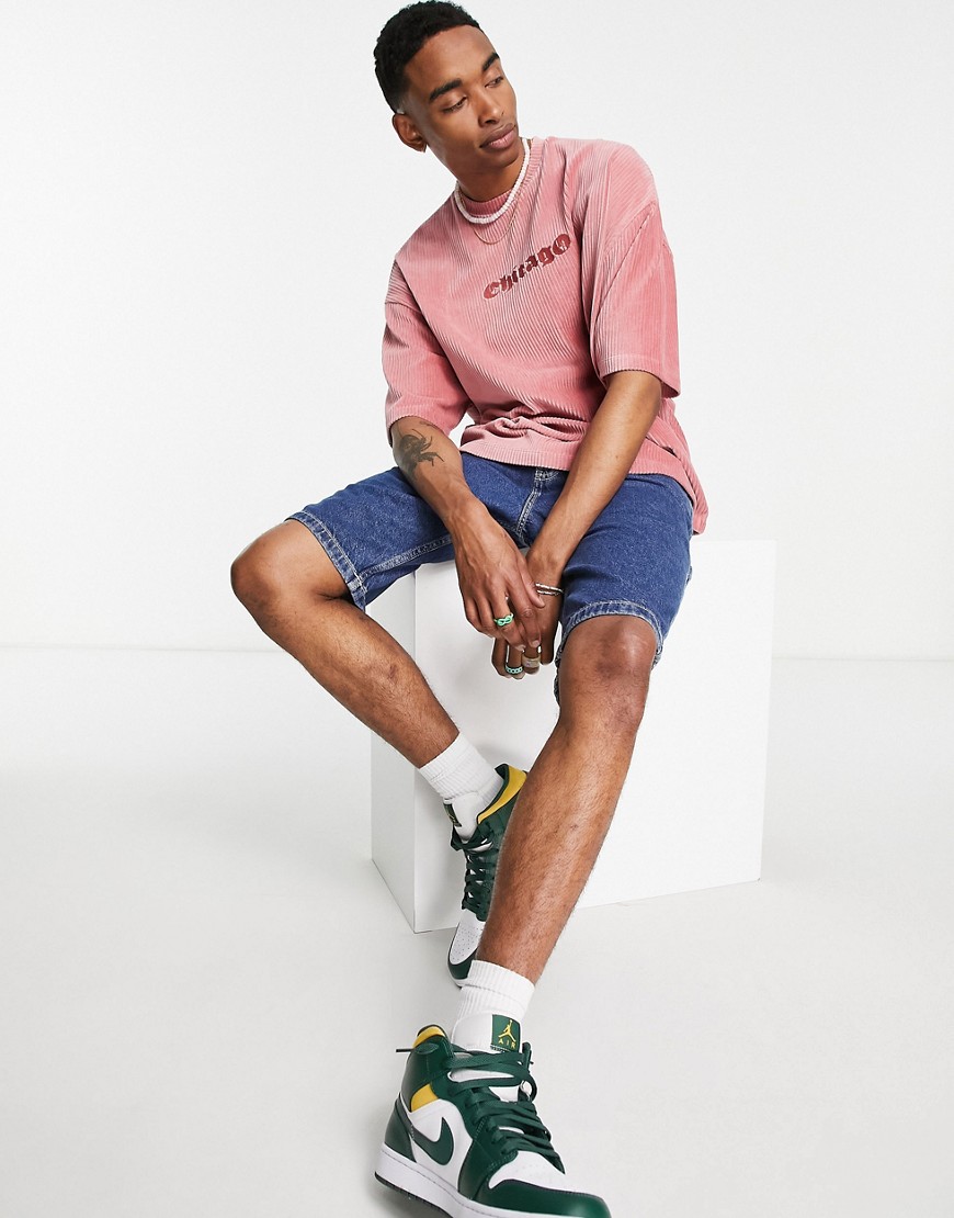 ASOS DESIGN oversized T-shirt in pink ribbed velour with embroidery