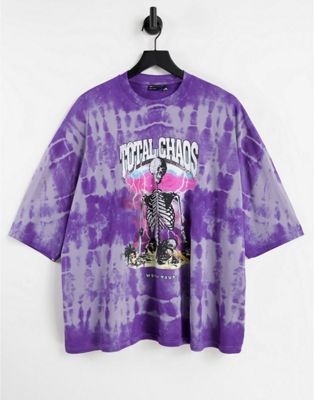ASOS DESIGN oversized t-shirt in purple tie dye with skeleton print