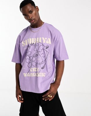 ASOS DESIGN oversized t-shirt in purple with line drawing fish front print