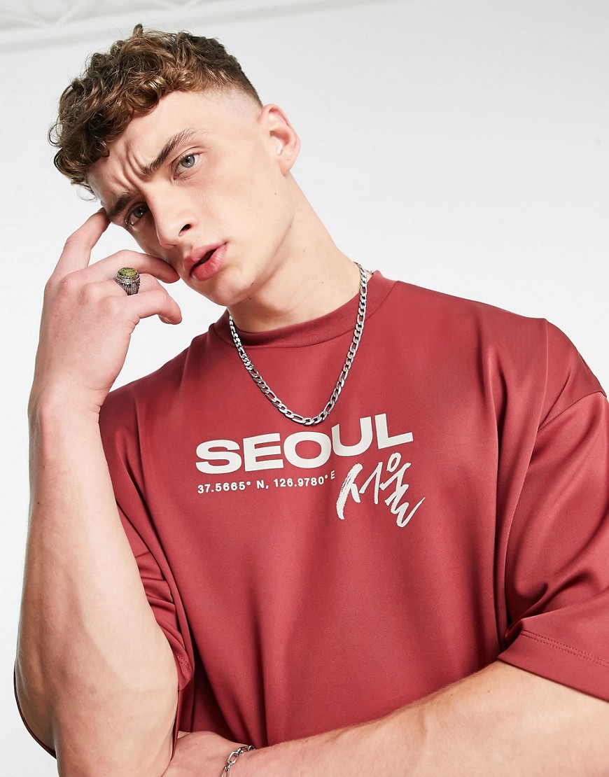 ASOS DESIGN oversized T-shirt in red scuba with Seoul city print