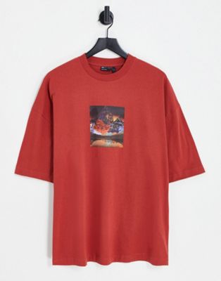 ASOS DESIGN oversized t-shirt in red with photographic mountain print