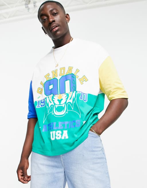 ASOS DESIGN oversized t-shirt in spliced collegiate print and colour blocking