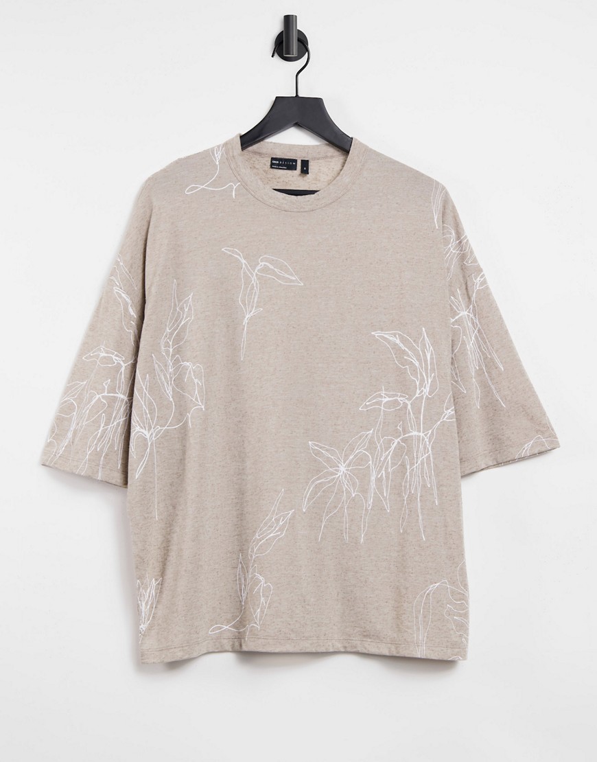 ASOS DESIGN oversized T-shirt in stone with all over line print-Neutral