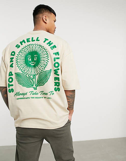 ASOS DESIGN oversized T-shirt in stone with flower back print | ASOS