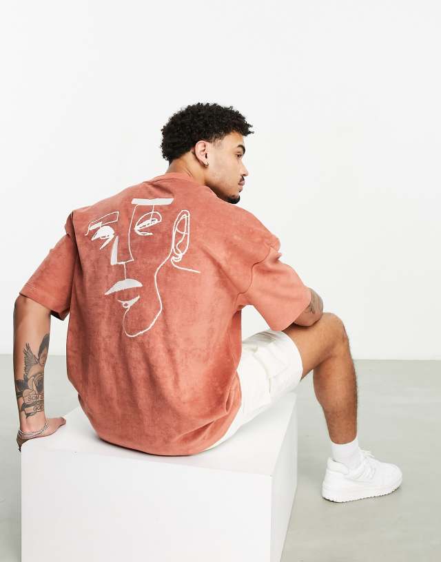 ASOS DESIGN oversized T-shirt in tan terrycloth with back embroidery