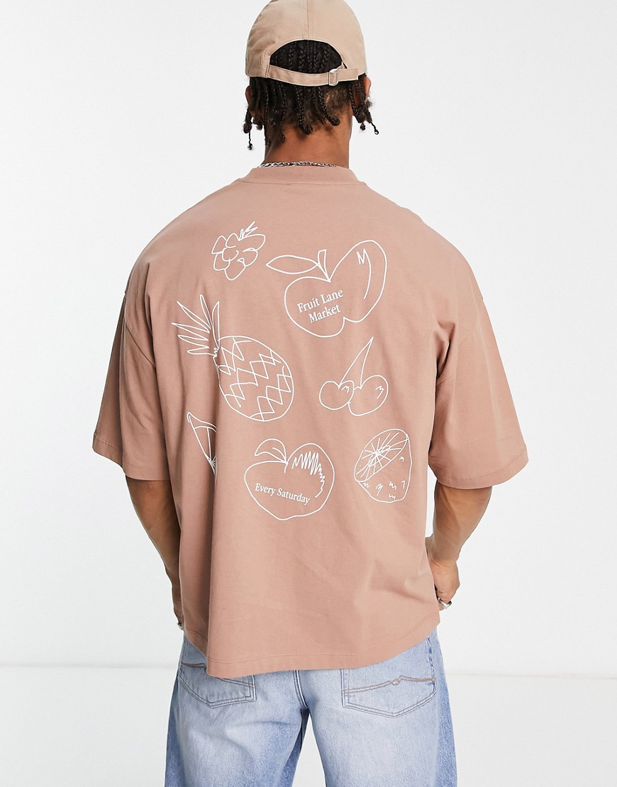 ASOS DESIGN oversized t-shirt in tan with line drawn fruity back print-Neutral