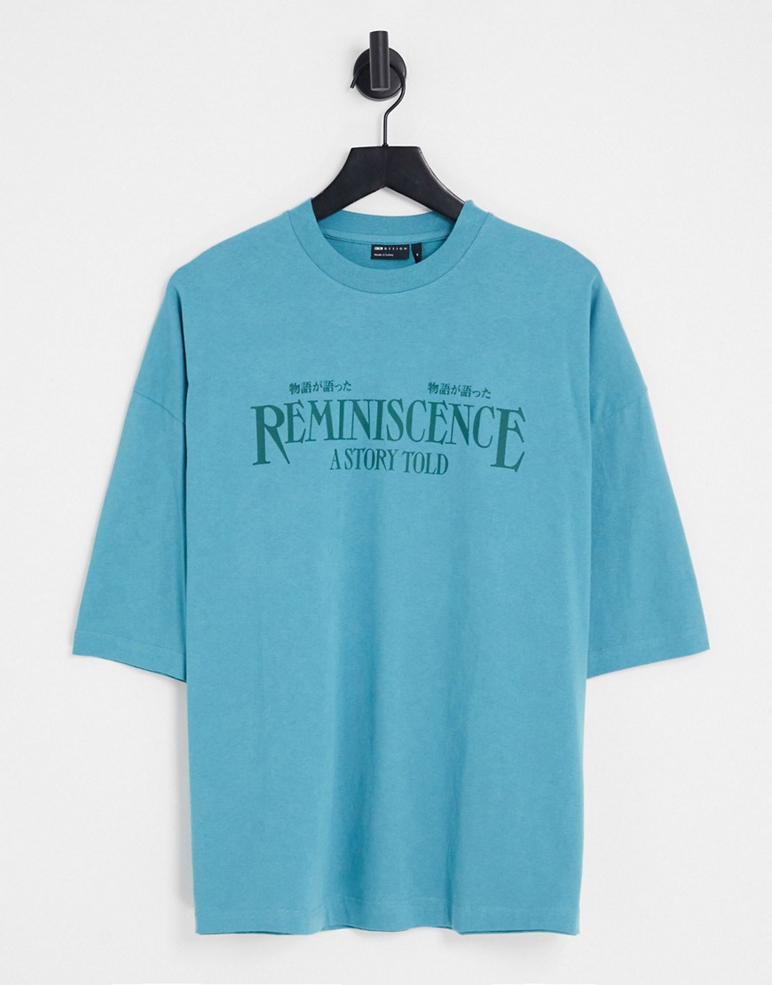 ASOS DESIGN oversized T-shirt in teal blue with text front print-Green