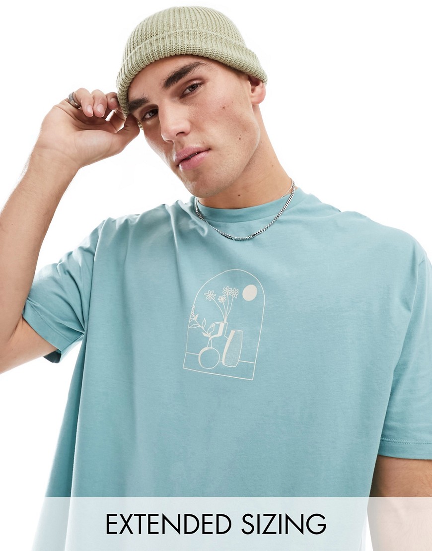 ASOS DESIGN oversized t-shirt in teal with abstract chest print-Blue