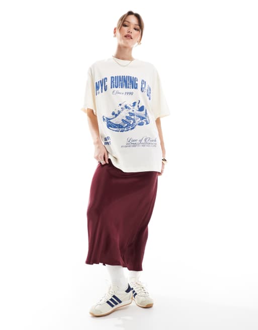 ASOS DESIGN Oversized t shirt in texture with Running Club Graphic in cream
