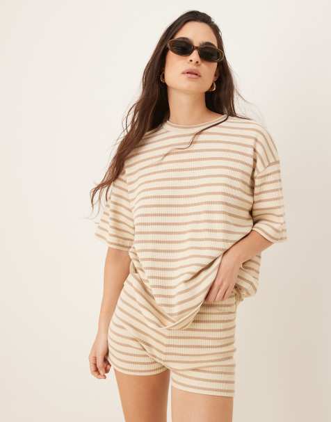 ASOS DESIGN oversized t-shirt in textured neutral stripe - view 1