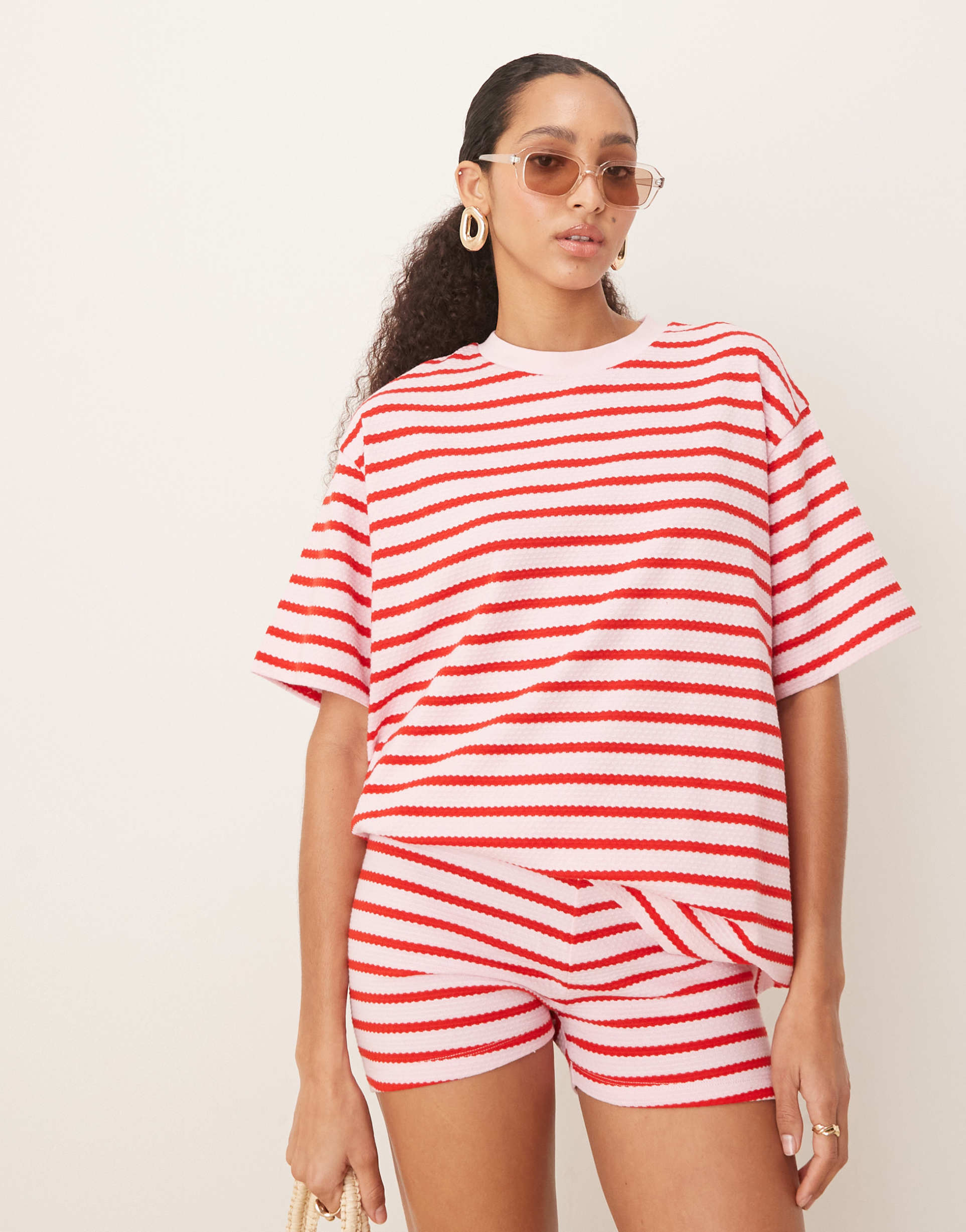 asos design oversized t-shirt in textured pink stripe
