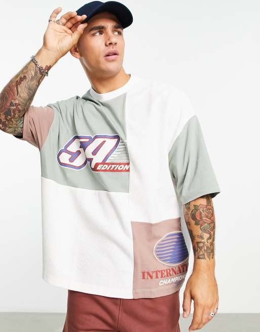 ASOS DESIGN oversized t shirt in waffle color block with multi placement print