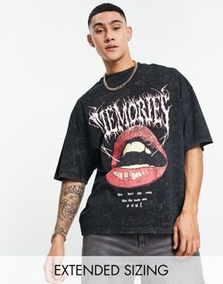 ASOS DESIGN oversized t-shirt in washed black with gothic lips back print