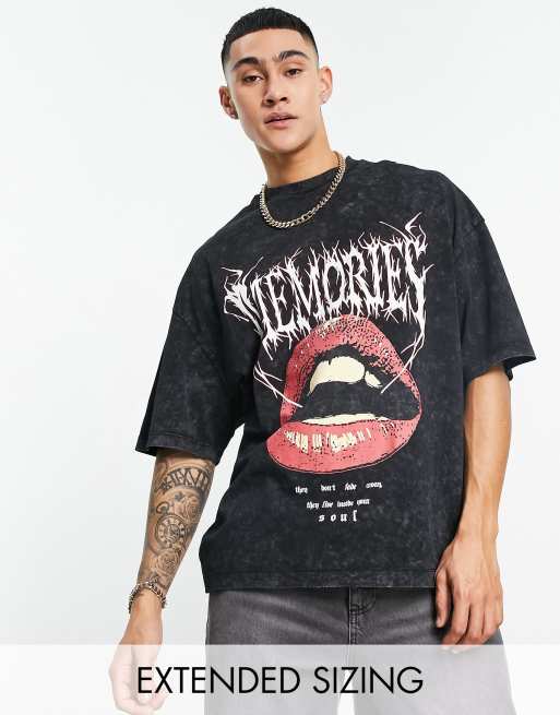 ASOS DESIGN oversized t-shirt in washed black with gothic lips back ...