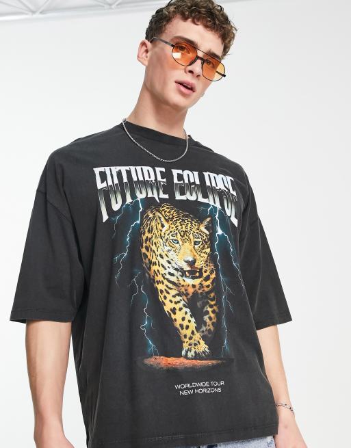 ASOS DESIGN oversized t-shirt in washed black with leopard front