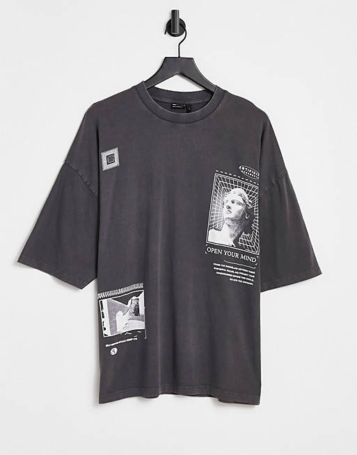 Men oversized t-shirt in washed black with statue print 