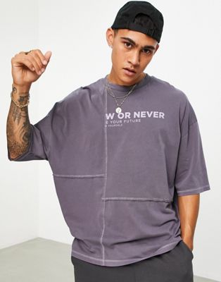 ASOS DESIGN oversized t-shirt in washed black with text print and seam detail