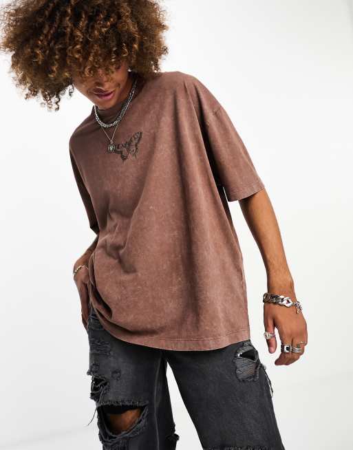 ASOS DESIGN oversized t-shirt in washed brown with butterfly chest print