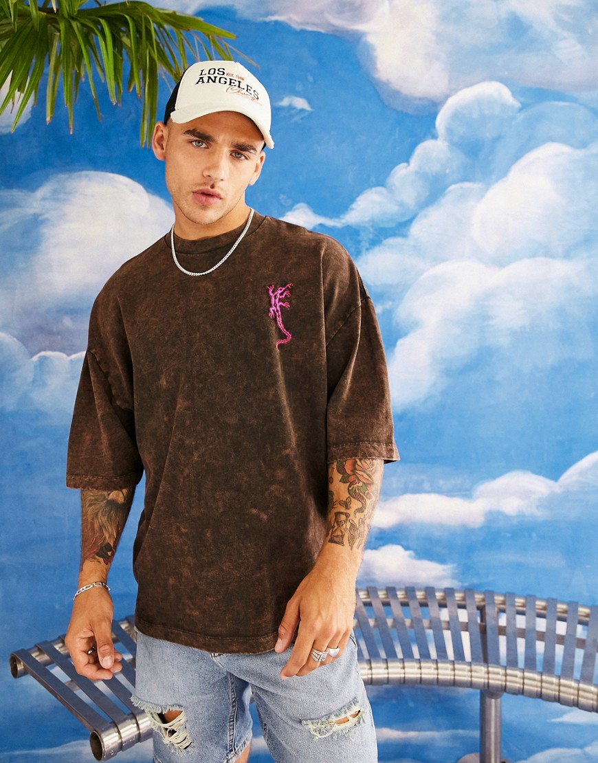 ASOS DESIGN oversized T-shirt in washed brown with lizard chest embroidery