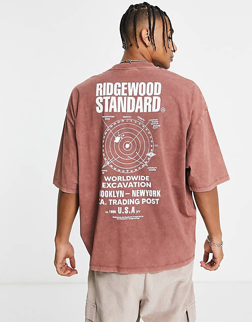  oversized t-shirt in washed brown with text back & chest print 