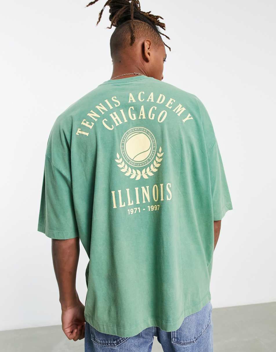 ASOS DESIGN oversized t-shirt in washed green with collegiate back print