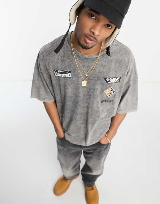 ASOS DESIGN oversized t-shirt in washed grey with retro badging