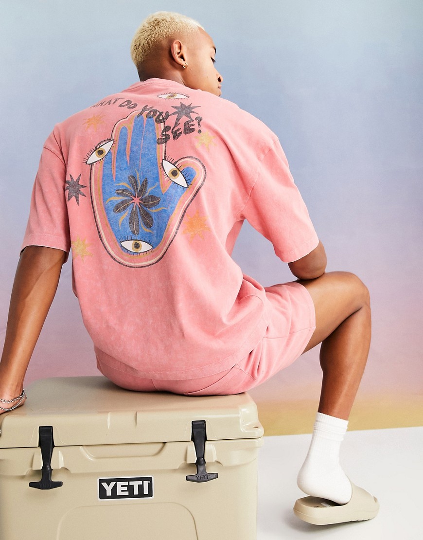 ASOS DESIGN oversized T-shirt in washed pink with craft hand back print - part of a set