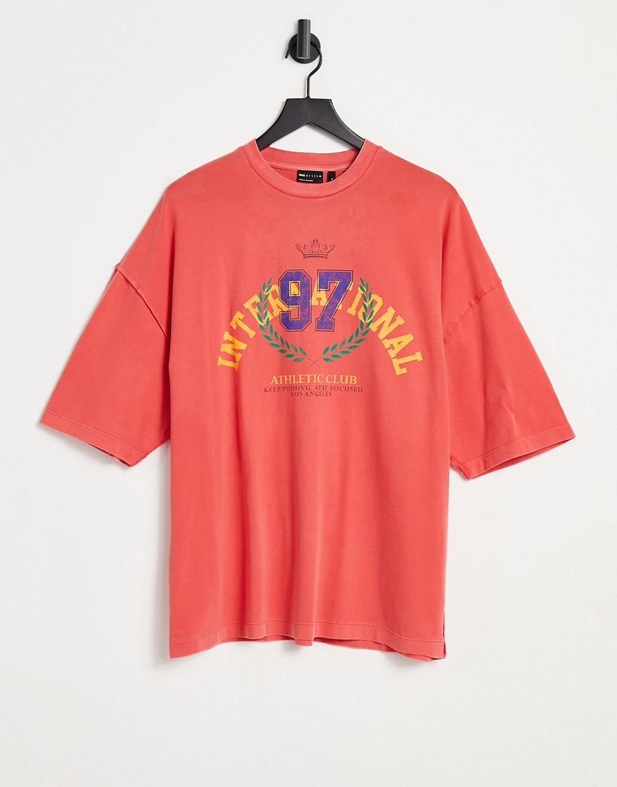 ASOS DESIGN oversized t-shirt in washed red with collegiate print