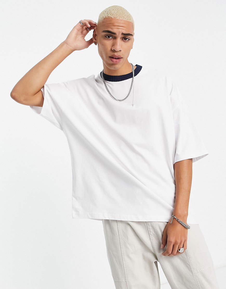 ASOS DESIGN oversized t-shirt in white with contrast neck trim detail in navy