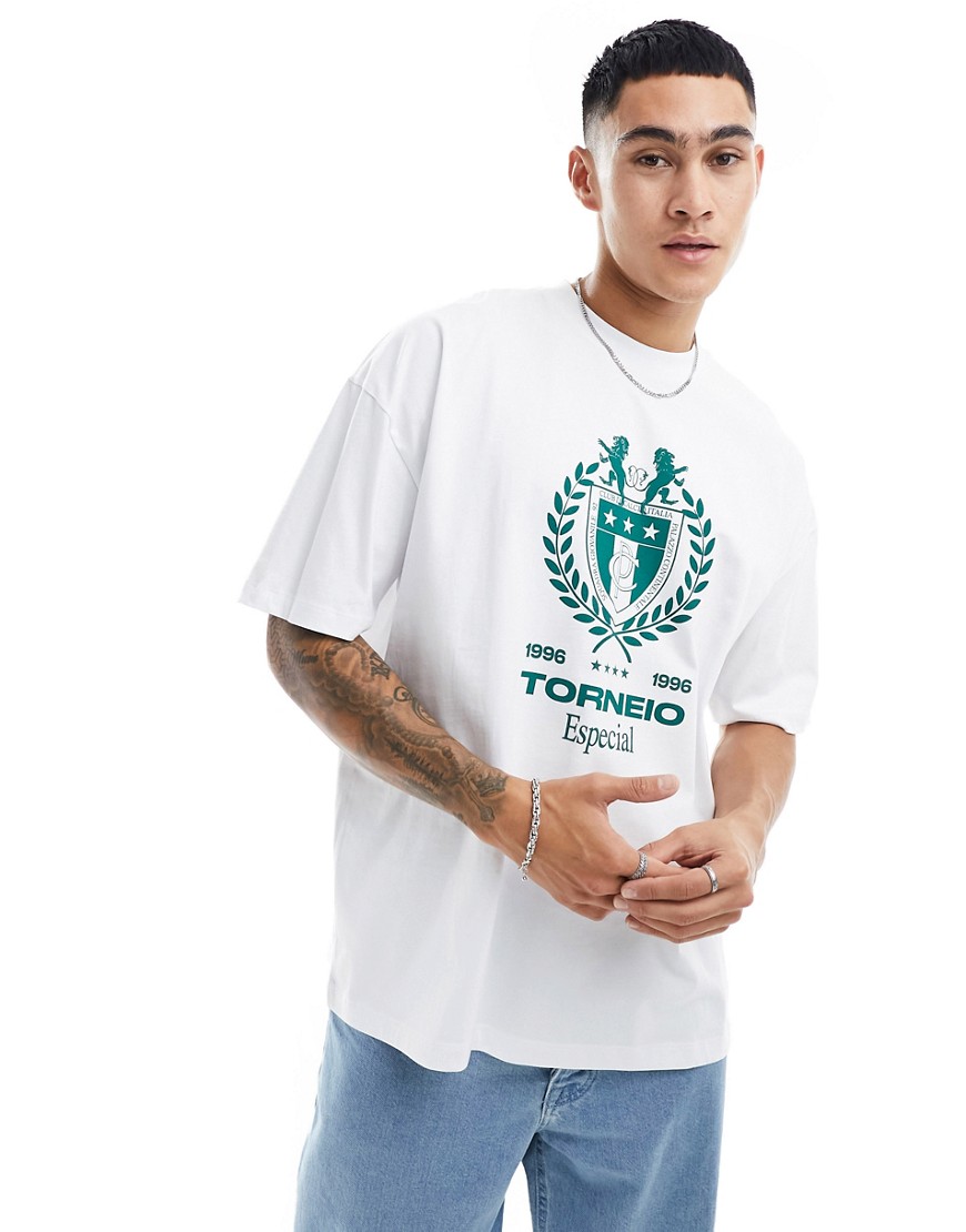 ASOS DESIGN oversized t-shirt in white with emblem front print