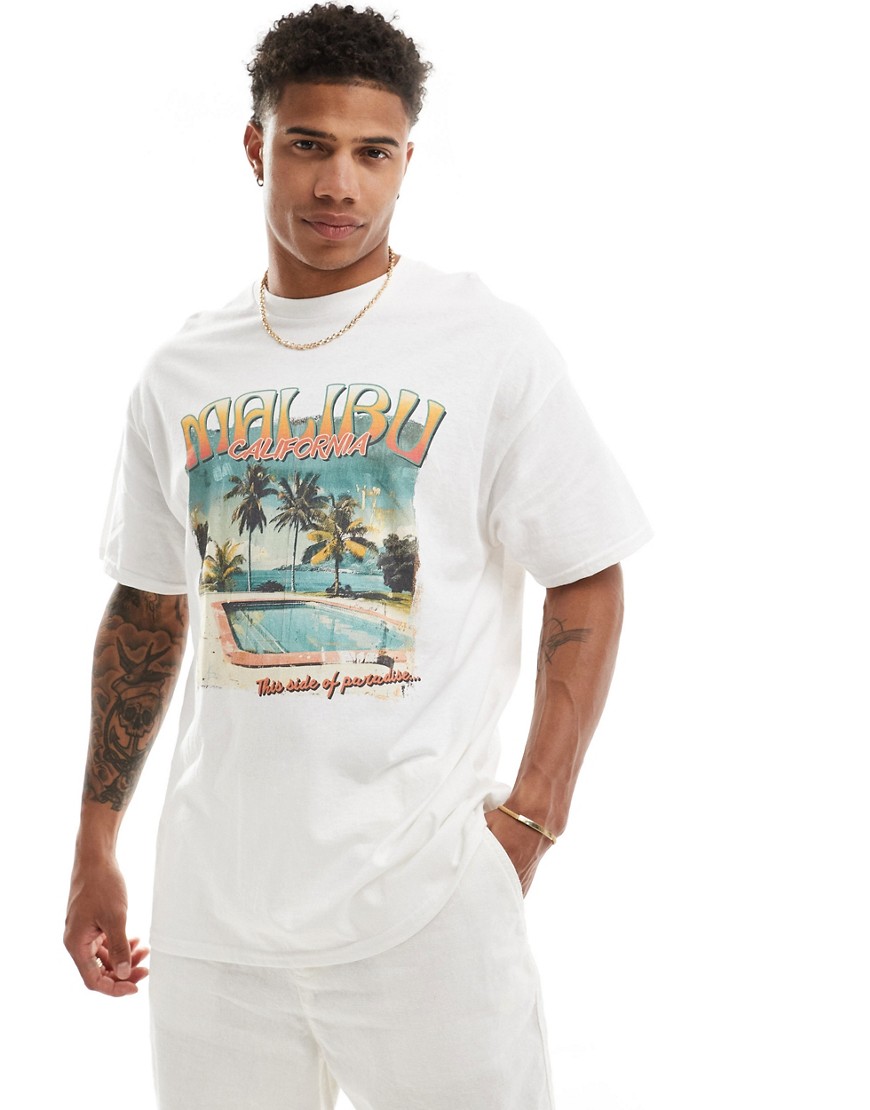 ASOS DESIGN oversized t-shirt in white with Malibu front print