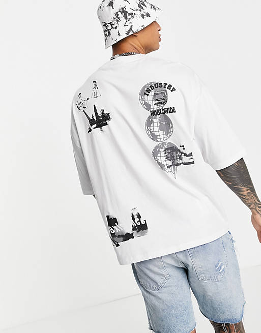 Men oversized t-shirt in white with multi placement print 