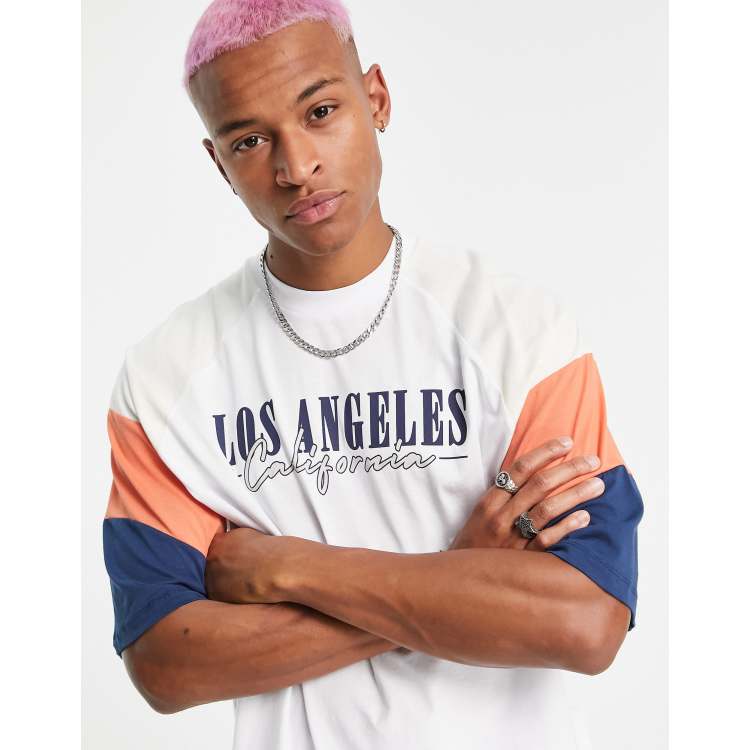 ASOS DESIGN oversized t-shirt in white with orange colour block and Los  Angeles city print