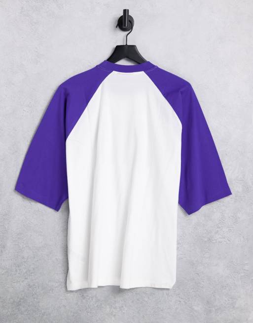 ASOS DESIGN oversized t shirt in white with purple color block and Brooklyn city print