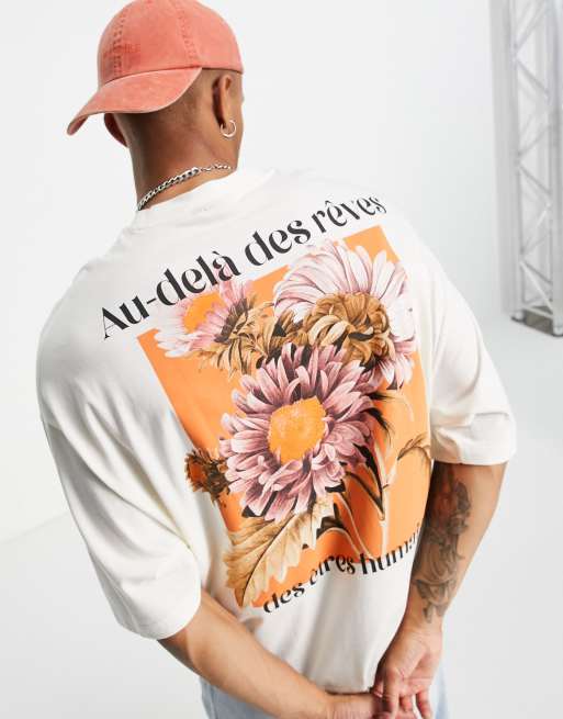 ASOS DESIGN - Oversized T-shirt in wit met bloemenprint op de achterkant