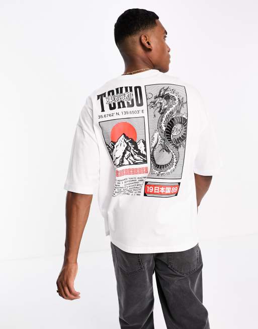 ASOS DESIGN - Oversized T-shirt in wit met drakenprint op de achterkant