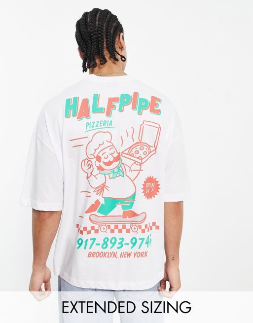 ASOS DESIGN - Oversized T-shirt in wit met pizzacartoon op de achterkant