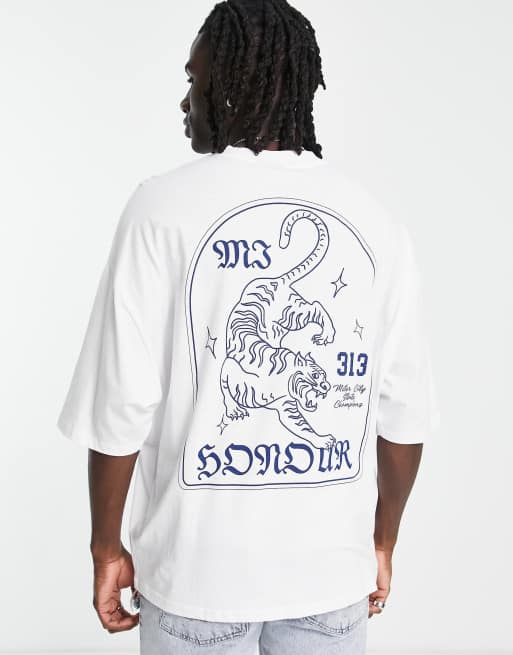 ASOS DESIGN - Oversized T-shirt in wit met tijgerprint op de voor- en achterkant