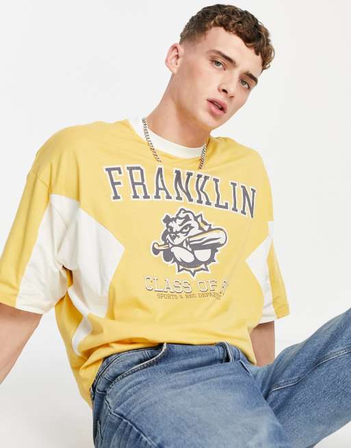 ASOS DESIGN oversized t-shirt in yellow colour block with collegiate  print 