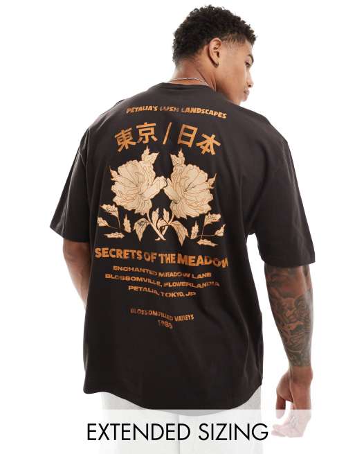 ASOS DESIGN - Oversized T-shirt in zwart met bloemenprint op de achterkant